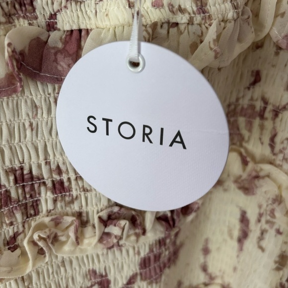 Storia Smocked Mini Dress Ruffle Cream & Pink Tie Dye Sleeveless Size Large - Picture 5 of 8